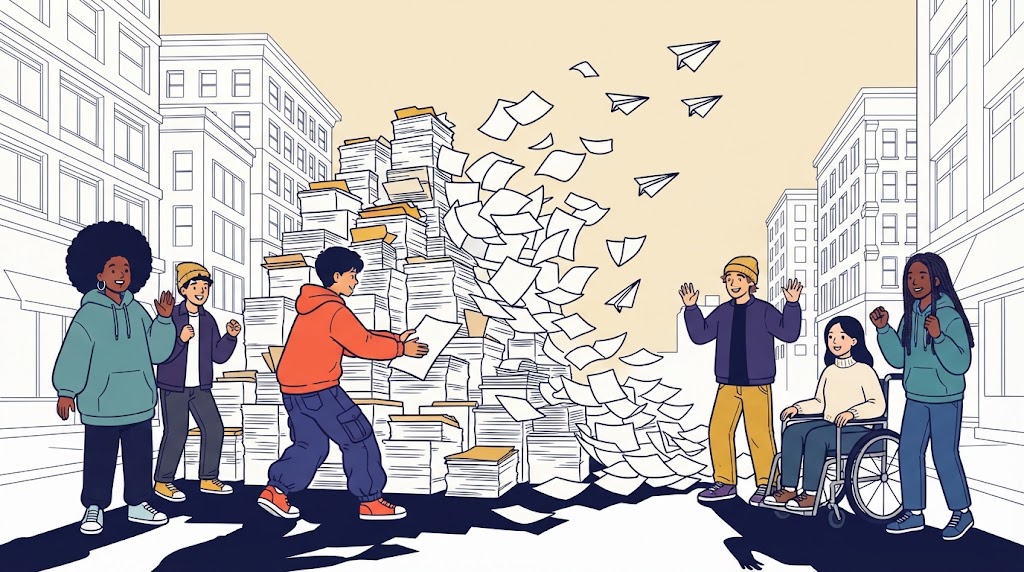 Illustration: Papierstapel und Papierflieger