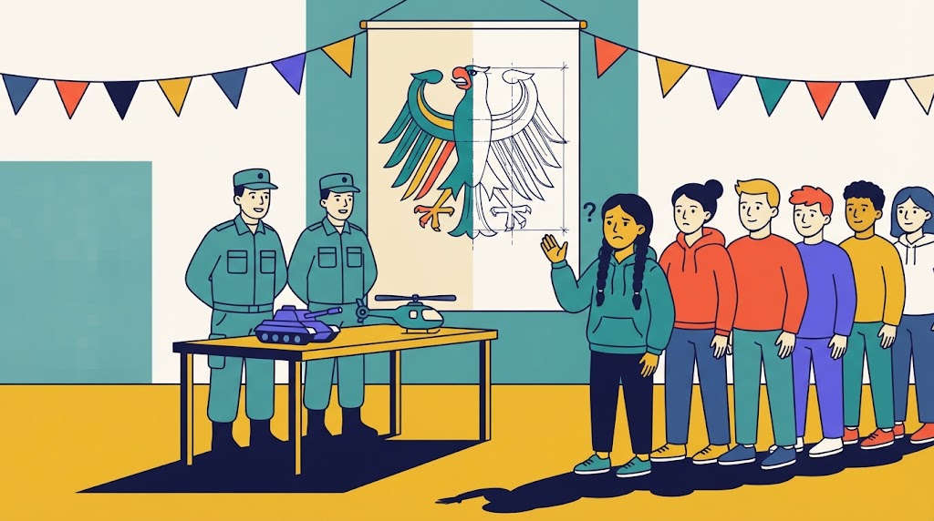 Illustration: Klassenzimmer-Gespräch mit zwei Perspektiven