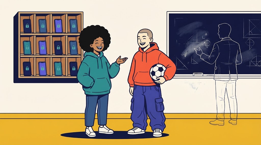 Illustration: Handy in verschlossener Tasche im Klassenzimmer